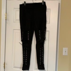 Woman’s Black Suede Feeling Leggings with Ties